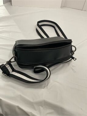 Black Mini Crossbody Bag with Black-and-White Stripe Strap